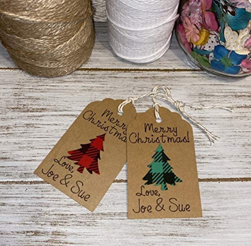 Personalized Merry Christmas Holiday Gift tags - Personalize tags - Kraft and Buffalo Plaid - Set of 20